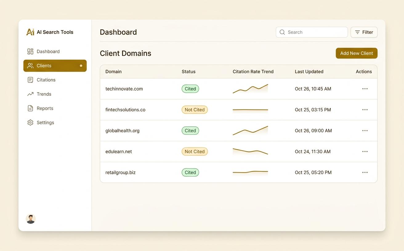 AI Search Tools dashboard showing tracked client domains with cited and not-cited status and citation-rate trend lines