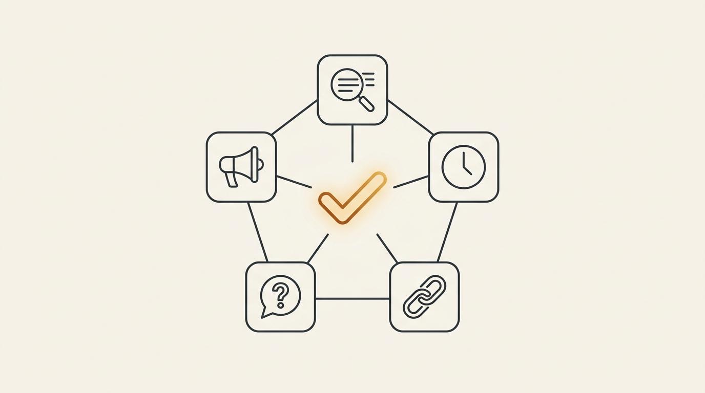 Five factor icons (extraction, earned media, freshness, FAQ, backlinks) connecting to a central checkmark
