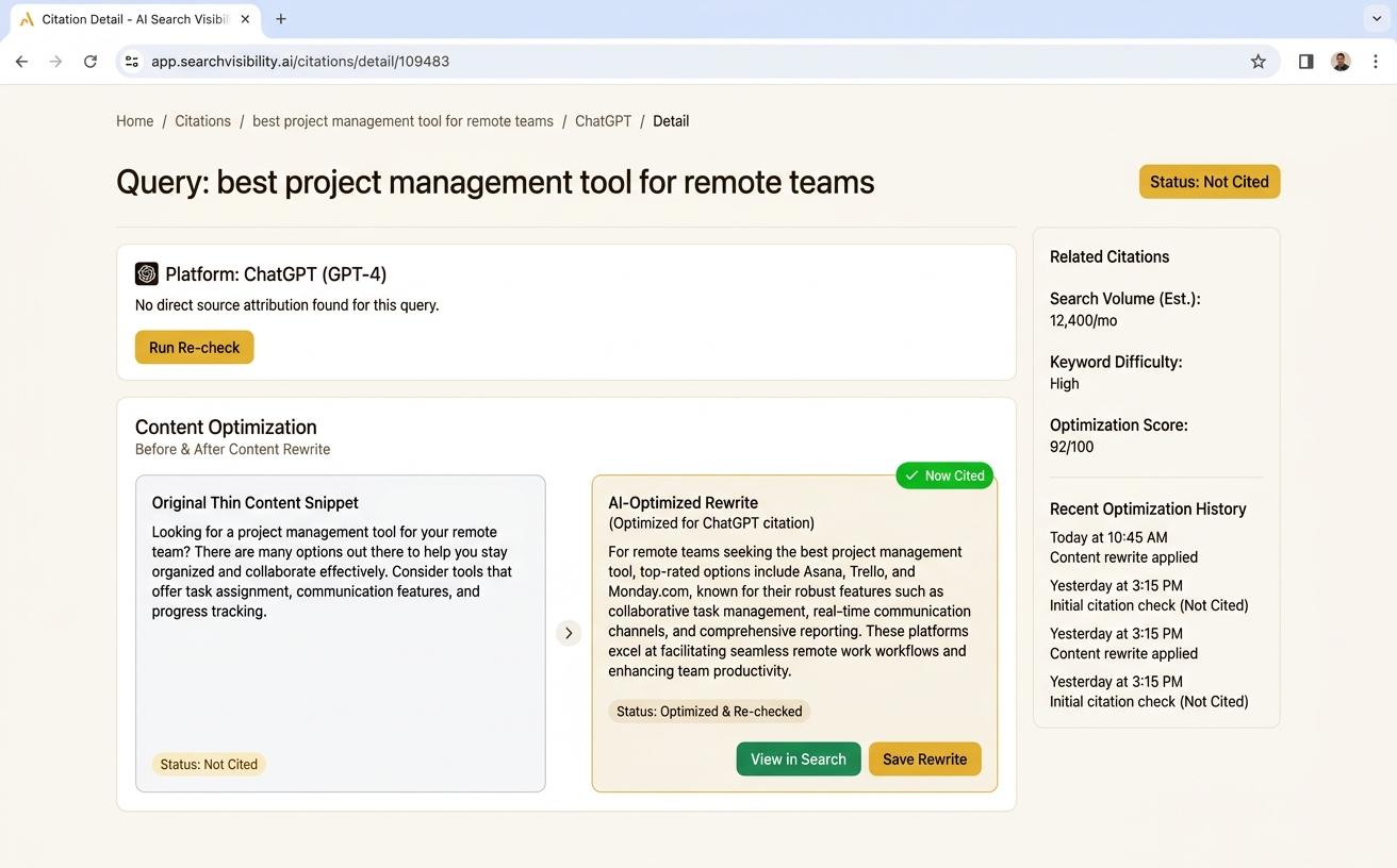 Citation detail view showing a not-cited query, an AI-optimized rewrite, and a now-cited status after re-check