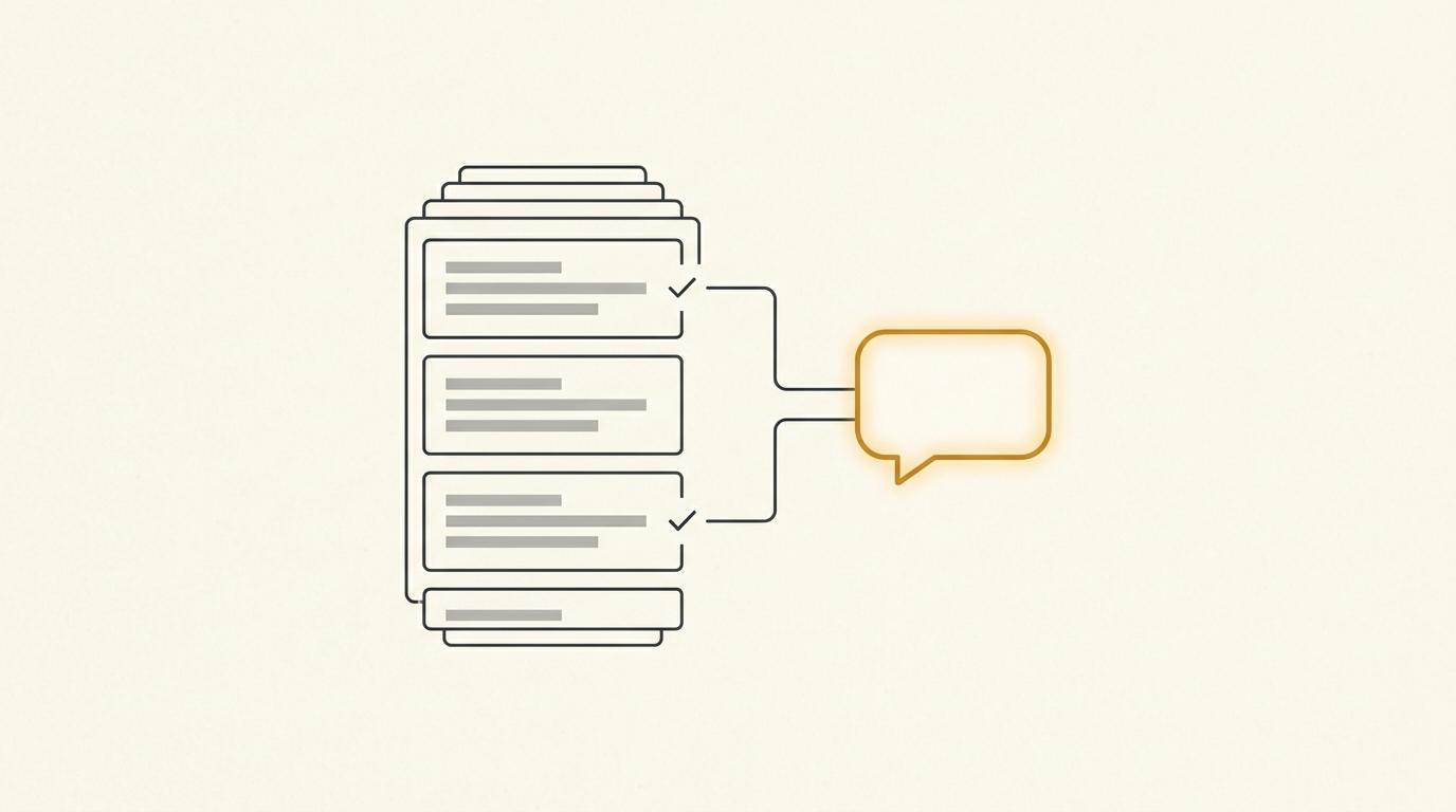 Diagram showing a stack of web pages narrowing down to a single AI-generated answer, with only some pages selected as cited sources